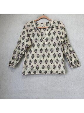 J Crew Blouse Womens XS Multicolor Floral V Neck 3/4 Sleeve Tunic Top Boho